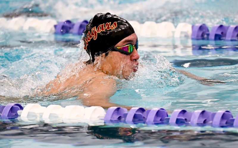 Bloomington North’s Bryan Huang swims the 100 breast during the Bloomington North vs. Bloomington South Counsilman Classic at South on Saturday, Jan. 17, 2026.