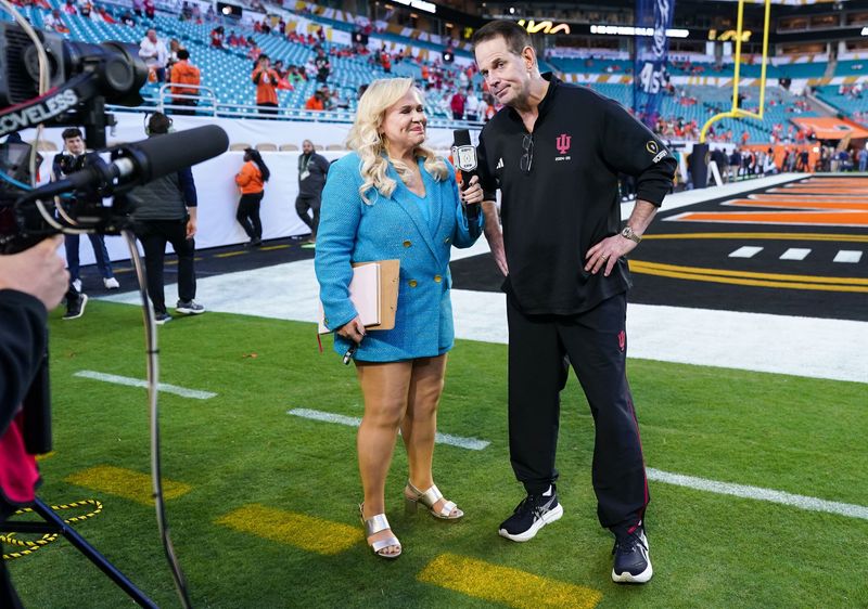 ESPN's Holly Rowe interviews Indiana Hoosiers head coach Curt Cignetti on Monday, Jan. 19, 2026, ahead of the College Football Playoff Championship game at HardRock Stadium in Miami Gardens.