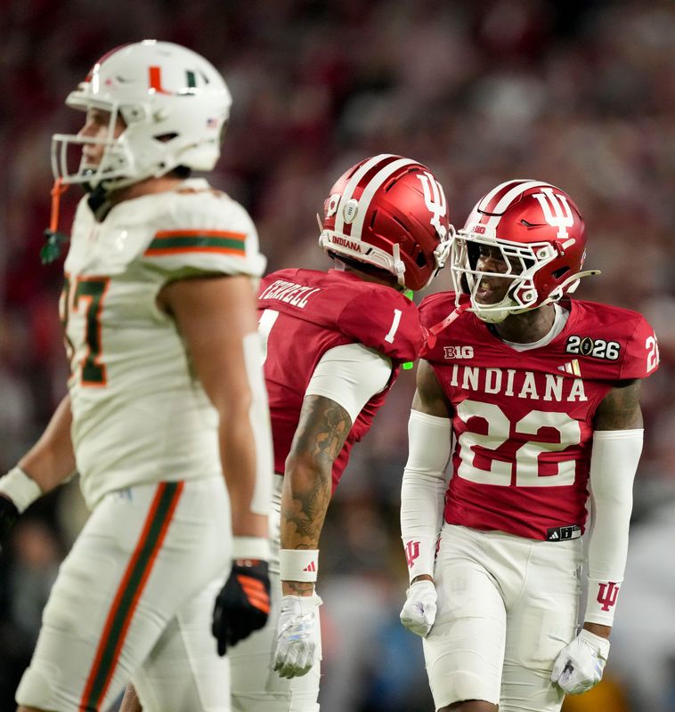 Indiana Hoosiers defensive back Amare Ferrell (1) and Indiana Hoosiers defensive back Jamari Sharpe (22) react to a play Monday, Jan. 19, 2026, during the College Football Playoff National Championship college football game against the Miami (FL) Hurricanes at Hard Rock Stadium in Miami Gardens.