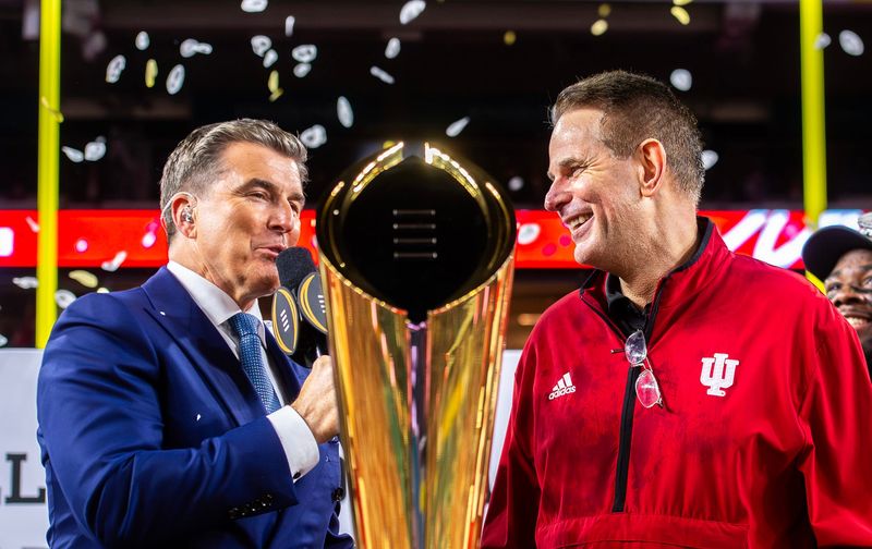 Indiana Head Coach Curt Cignetti smiles as he is interviewed on the podium after the College Football Playoff National Championship college football game at Hard Rock Stadium in Miami Gardens on Monday, Jan. 19, 2026.