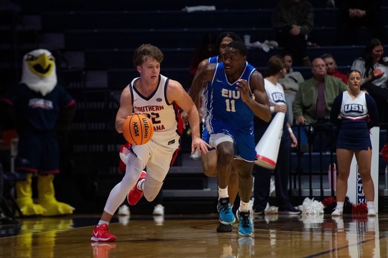Southern Indiana's Josiah Dunham (22) drives as the University of Southern Indiana Screaming Eagles host the Eastern Illinois University Panthers in a doubleheader at Liberty Arena in Evansville, Ind., Thursday, Jan. 22, 2026.