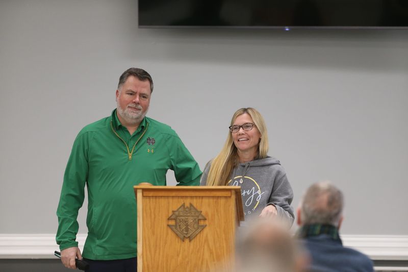Jenna and Kevin Bauer speak prior to the march at the annual Right to Life Michiana’s March for Life event at the Knights of Columbus on Jan. 23, 2026, in South Bend.
