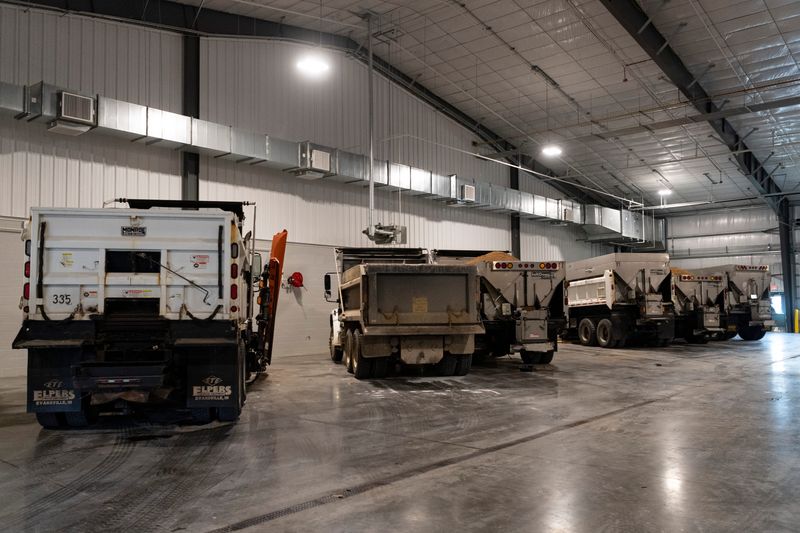 Snow trucks are filled with treated salt and ready to go as the Department of Street Maintenance prepares for a potential winter storm Evansville, Ind., Friday, Jan. 23, 2026.