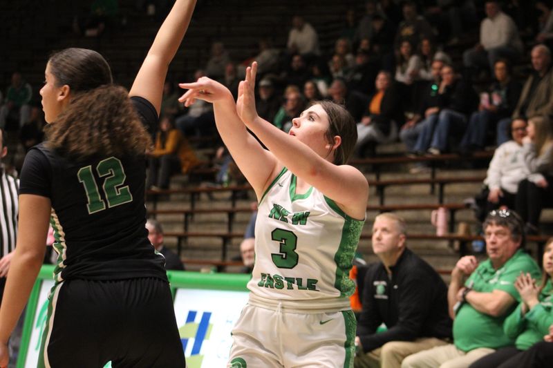 New Castle junior Alana Orr shoots a 3-pointer during New Castle girls basketball's 54-40 win over Yorktown at the New Castle Fieldhouse on Friday, Jan. 24, 2026.