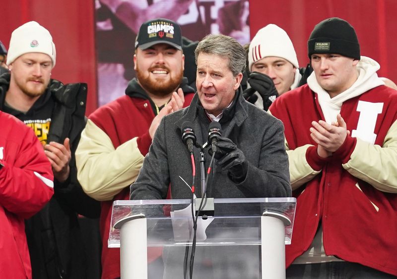 Indiana Hoosiers athletic director Scott Dolson speaks on Saturday, Jan. 24, 2026, during the Indiana Football College Football Playoff National Championship celebration and parade at Memorial Stadium in Bloomington.