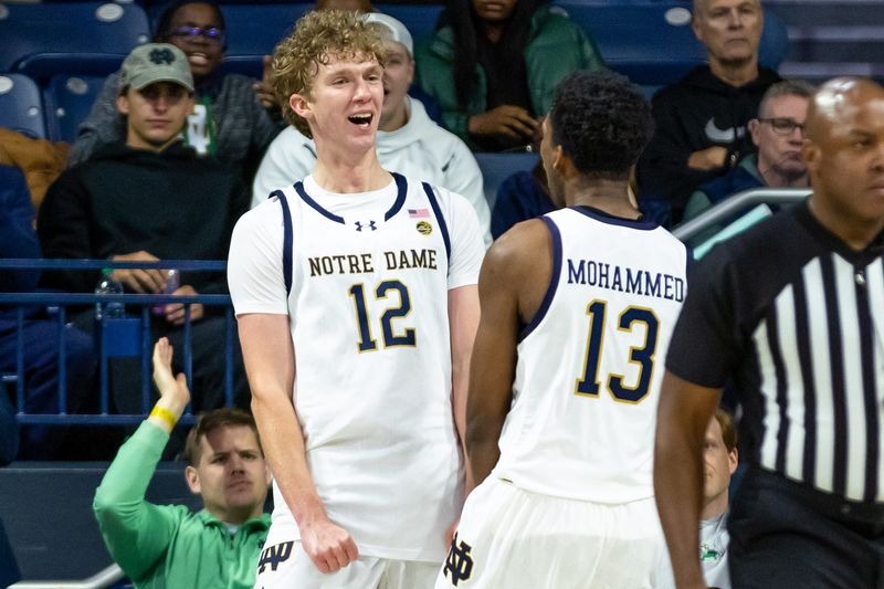 Jan 24, 2026; South Bend, Indiana, USA; Notre Dame Fighting Irish forward Garrett Sundra (12) celebrates with guard Sir Mohammed (13) against the Boston College Eagles during the second half at Purcell Pavilion at the Joyce Center. Mandatory Credit: Michael Caterina-Imagn Images