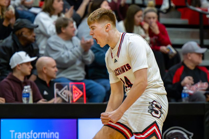 Sheridan High School junior Trey Page (14) reacts during the first half of an IHSAA basketball game against Taylor High School, Friday, Jan. 30, 2026, at Sheridan High School.
