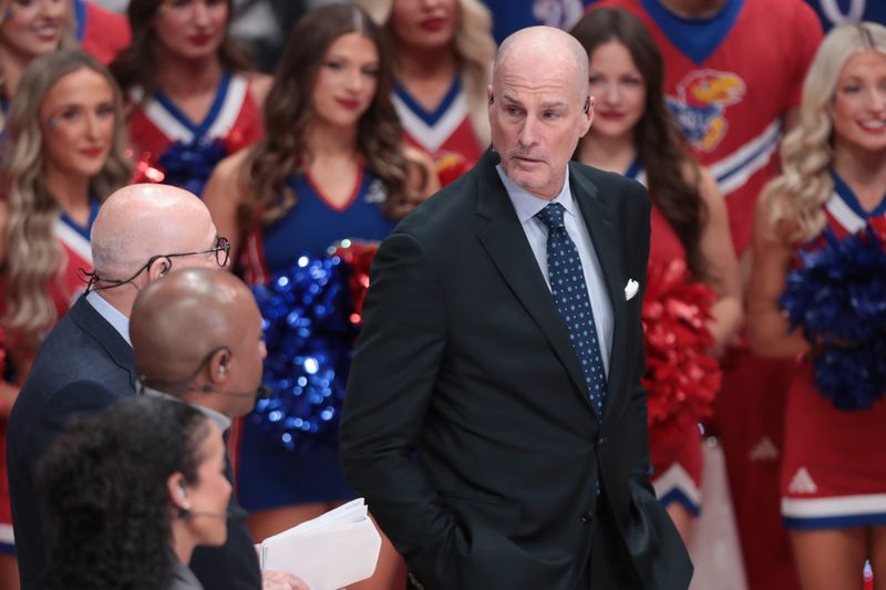 ESPN anaylist Jay Bilas gives thoughts in a segment during ESPN College Gameday inside Allen Fieldhouse on Jan. 31, 2026.