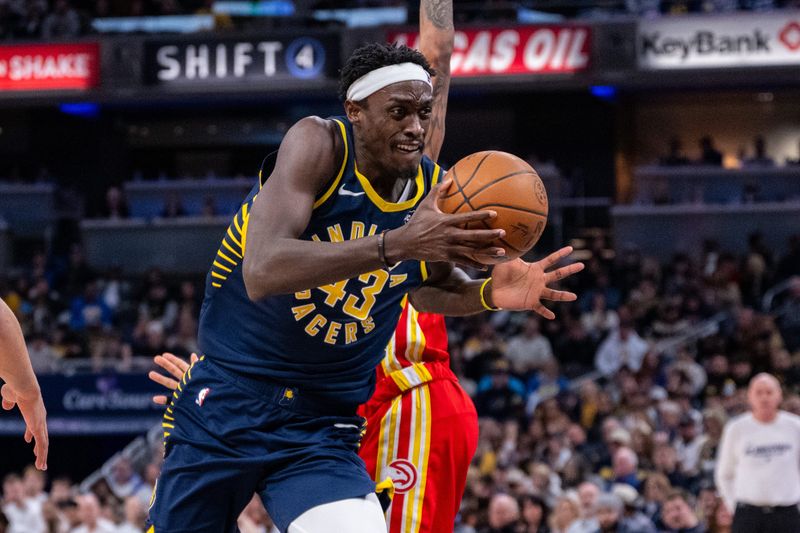 Indiana Pacers forward Pascal Siakam (43) drives toward the basket during the second half of an NBA basketball game against the Atlanta Hawks, Saturday, Jan. 31, 2026, at Gainbridge Fieldhouse. Pacers won 129-124.