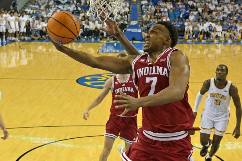 Jan 31, 2026; Los Angeles, California, USA; Indiana Hoosiers guard Nick Dorn (7) drives to the basket in the second half against the UCLA Bruins at Pauley Pavilion presented by Wescom Financial. Mandatory Credit: Jayne Kamin-Oncea-Imagn Images