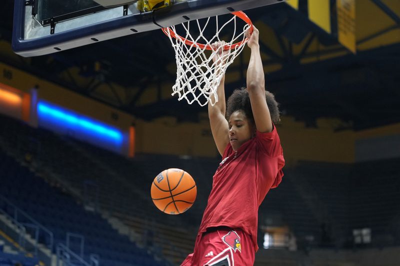 Feb 1, 2026; Berkeley, California, USA; Louisville Cardinals forward Anaya Hardy (9) dunks before the game against the California Golden Bears at Haas Pavilion. Mandatory Credit: Darren Yamashita-Imagn Images