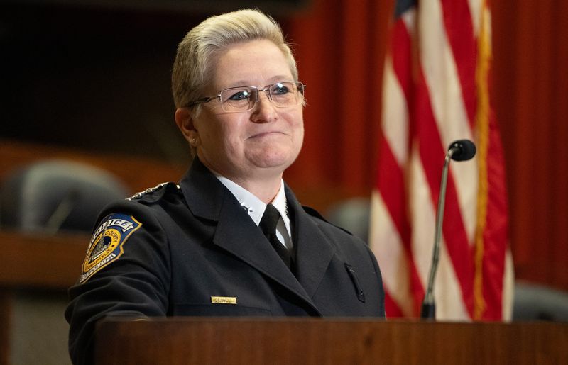Tanya Terry is sworn in as the next chief of Indianapolis Metropolitan Police Department by Mayor Joe Hogsett on Monday, Feb. 2, 2026, during a ceremony held at the City-County Building in Indianapolis. Terry is a 27-year veteran with the department and the first woman to take on the role.