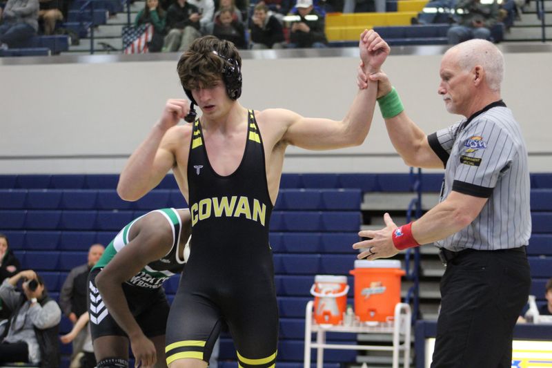Cowan senior Jackson Bradley won his third-straight sectional title in the IHSAA boys wrestling sectional at Delta on Saturday, Jan. 31, 2026.