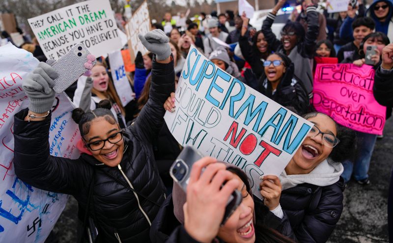 North Central students gather to protest ICE on Monday, Feb. 2, 2026, during a school walk-out at the intersection of 86th and Westfield Bl., in Indianapolis.