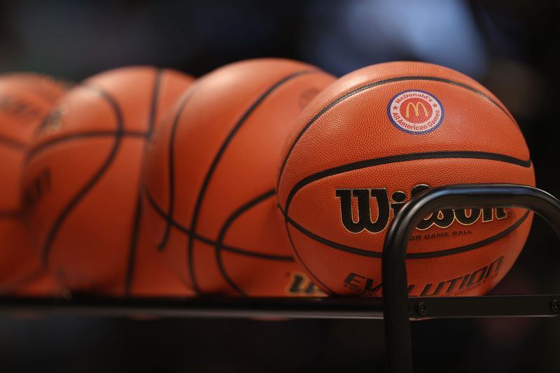Mar 31, 2025; Brooklyn, New York, USA; A general view of McDonald’s All American Games basketballs during the Sprite Jam Fest at Barclay's Center. Mandatory Credit: Pamela Smith-Imagn Images
