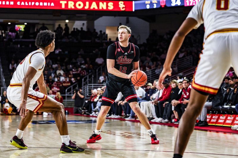 Indiana basketball forward Tucker DeVries sets up a play against USC at the Galen Center on Wednesday, Feb. 4, 2026.