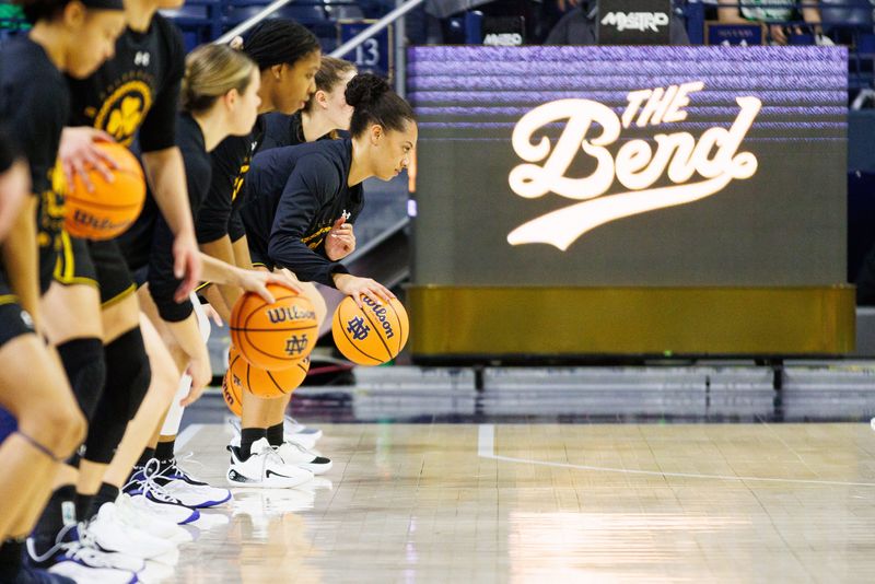 Notre Dame warms up before a NCAA women's basketball game against Virginia Tech at Purcell Pavilion on Thursday, February. 5, 2026, in South Bend.