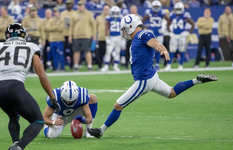 Adam Vinatieri of the Indianapolis Colts was perfect on the day, and puts in a field goal, during Jacksonville Jaguars at Indianapolis Colts, Lucas Oil Stadium, Indianapolis, Nov. 17, 2019. Colts won 33-13.

Jaguars At Colts