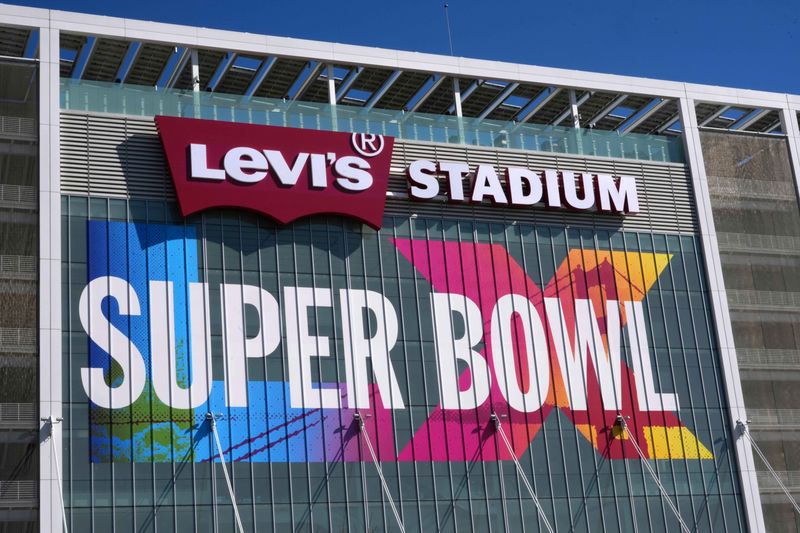 Feb 4, 2026; Santa Clara, CA, USA; Super Bowl LX signage on the Levi's Stadium facade. Mandatory Credit: Kirby Lee-Imagn Images