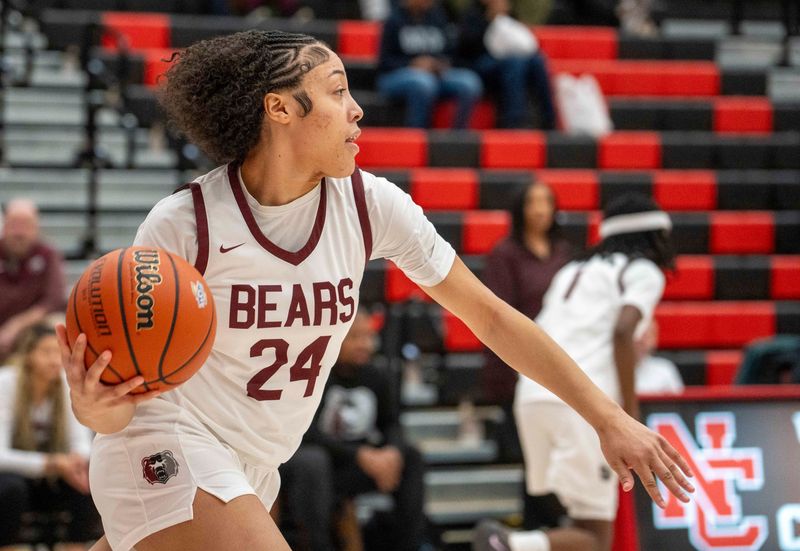 Lawrence Central forward Aniyah McKenzie (24) passes the ball downcourt after a rebound in the girls basketball IHSSA sectional semi-finals at North Central high school Friday, Feb. 6, 2026, in Indianapolis. Lawrence Central won by a score of 94 to 6.
