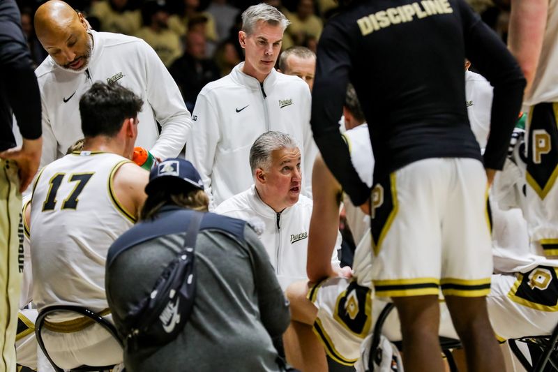 Purdue head coach Matt Painter speaks animatedly during a timeout in the second half of Purdue's game against Oregon on Feb. 7, 2026 at Mackey Arena.