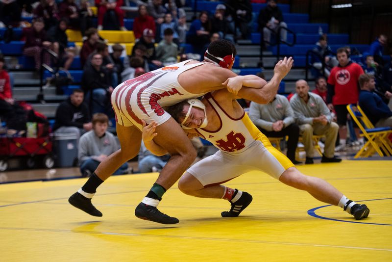 Mater Dei's Caden Thacker and Princeton's Jaran Kerney compete in the 215-pound championship match of the 2026 IHSAA Wrestling Regionals at Castle High School in Newburgh, Ind., Saturday afternoon, Feb. 7, 2026.