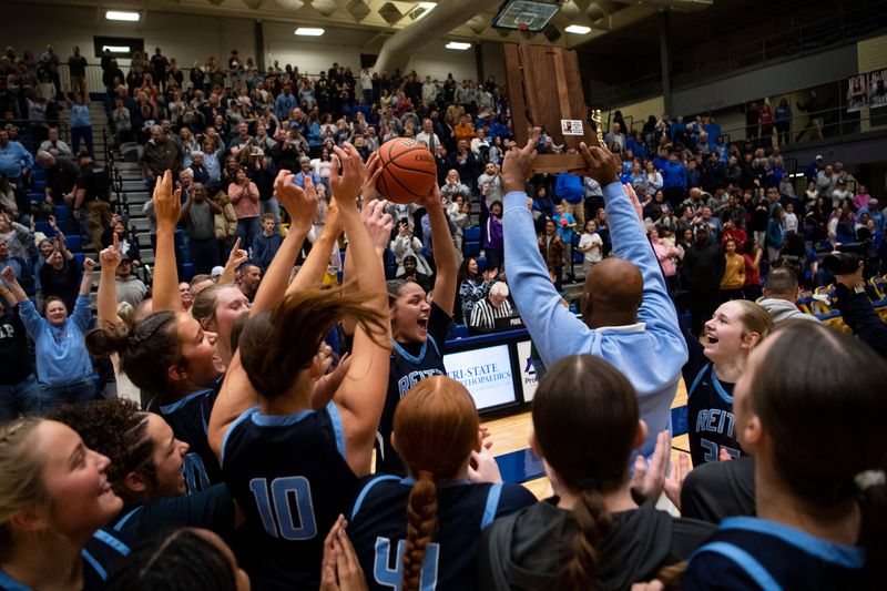 The Reitz Lady Panthers celebrate their victory over the Castle Lady Knights during the 2026 IHSAA Class 4A Girls Basketball sectional championship at Castle High School in Newburgh, Ind., Saturday, Feb. 7, 2026.