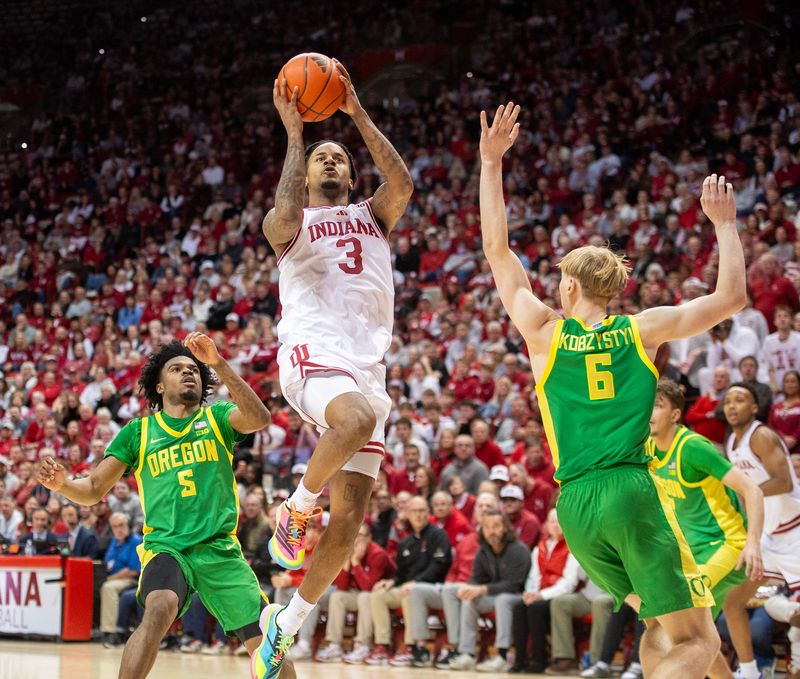 Indiana's Lamar Wilkerson (3) shoots during the Indiana versus Oregon men's basketball game at Simon Skjodt Assembly Hall on Monday, Feb. 9, 2026.