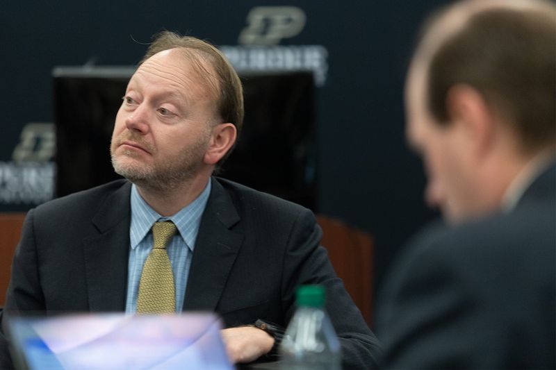 Purdue Provost Patrick Wolfe listens at a Purdue Board of Trustees meeting on Feb. 6, 2026, at Stewart Center in West Lafayette, Ind.