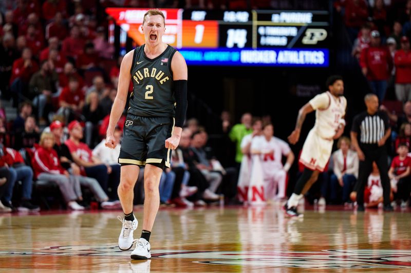 Feb 10, 2026; Lincoln, Nebraska, USA; Purdue Boilermakers guard Fletcher Loyer (2) reacts after a three-point shot against the Nebraska Cornhuskers during the first half at Pinnacle Bank Arena. Mandatory Credit: Dylan Widger-Imagn Images