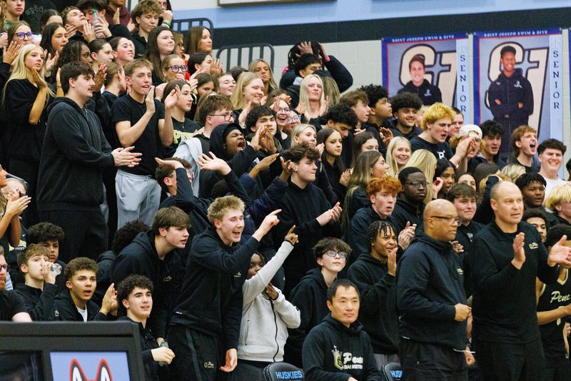 Penn's student section cheers during an IHSAA boys basketball game between Saint Joseph and Penn at Saint Joseph High School on Tuesday, Feb. 10, 2026, in South Bend.