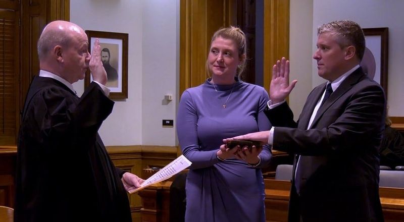 Tippecanoe Superior 2 Judge Steve Meyer briefly returned to the courthouse Tuesday, Feb. 10, 2026, to swear in newly appointed Tippecanoe Superior 1 Judge Kevin McDaniel. Meyer and his wife, Kim, were shot at their home on Jan. 18.