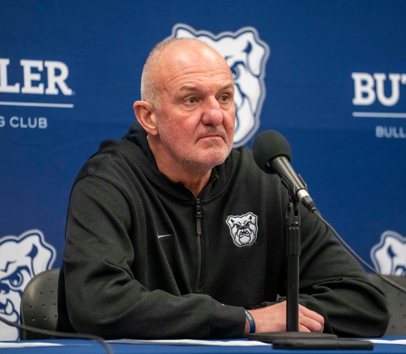 Butler Bulldogs head coach Thad Matta takes question after the loss to UConn on Wednesday, Feb. 11, 2026, at Hinkle Fieldhouse in Indianapolis. The UConn huskies defeated the Butler bull dogs 80 to 70.