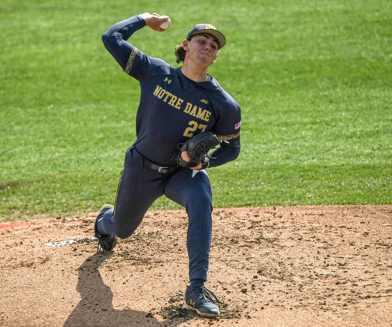 Mar 14, 2025; Clemson, SC, USA; Notre Dame pitcher Jack Radel (25) pitches to Clemson during the bottom of the first inning at Doug Kingsmore Stadum in Clemson, S.C. Friday, March 14, 2025. Mandatory Credit: Ken Runiard/USA TODAY Network via Imagn Images