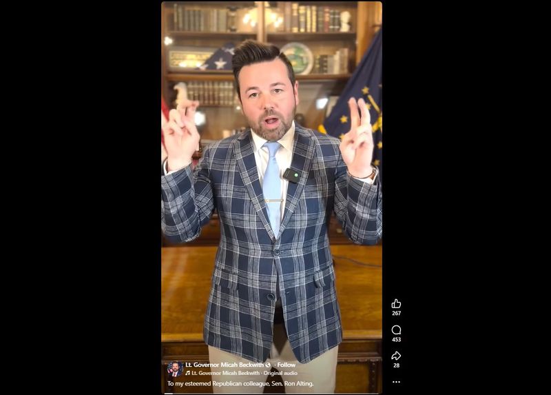 In a video posted to his social media pages Friday, Indiana Lt. Gov. Micah Beckwith called out Sen. Ron Alting for comments made during a recent Public Policy Committee meeting that poked fun at Beckwith.