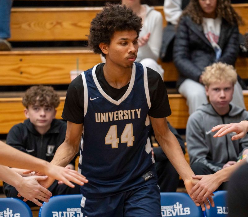 University Trailblazers Joshua Henderson (44) is introduced before the game at Shortridge high school Friday, Feb. 13, 2026, in Indianapolis. University defeated Indianapolis Shortridge with a final score of 77-61.