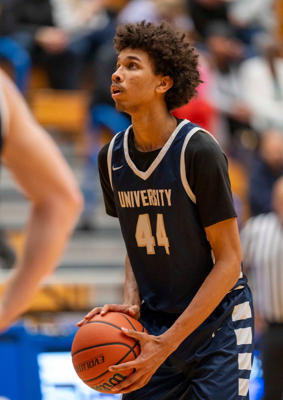 University Trailblazers Joshua Henderson (44) shoots a free throw at Shortridge high school Friday, Feb. 13, 2026, in Indianapolis. University defeated Indianapolis Shortridge with a final score of 77-61.