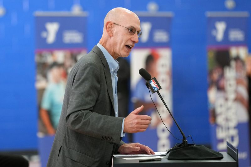 Feb 12, 2026; Los Angeles, California, USA; NBA commissioner Adam Silver speaks at NBA Cares Legacy Project Dedication at the Weingart YMCA. Mandatory Credit: Kirby Lee-Imagn Images