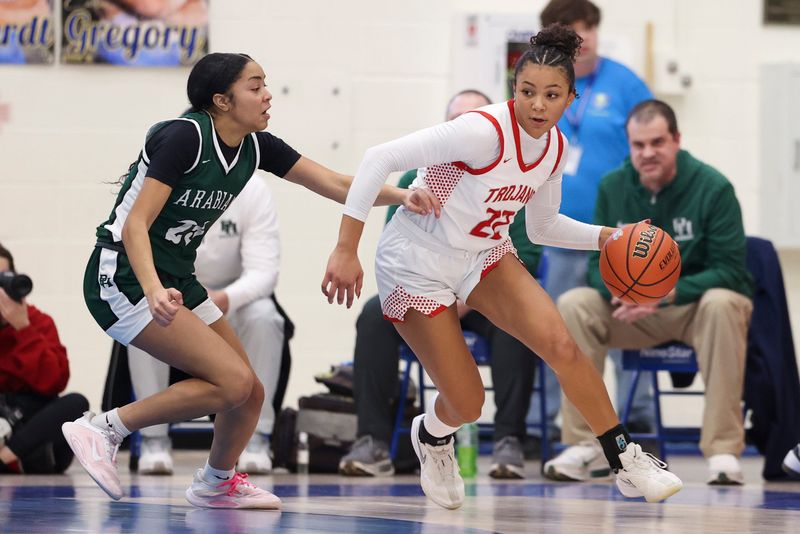 Center Grove guard Gracyn Gilliard (22) dribbles on Saturday, Feb. 14, 2026, during a regional matchup between Center Grove and Pendleton Heights at Greenfield-Central High School in Greenfield, Ind.