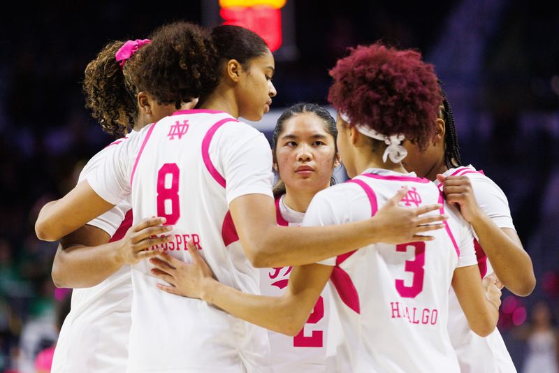 Notre Dame huddles up before a NCAA women's basketball game against NC State at Purcell Pavilion on Sunday, Feb. 15, 2026, in South Bend.