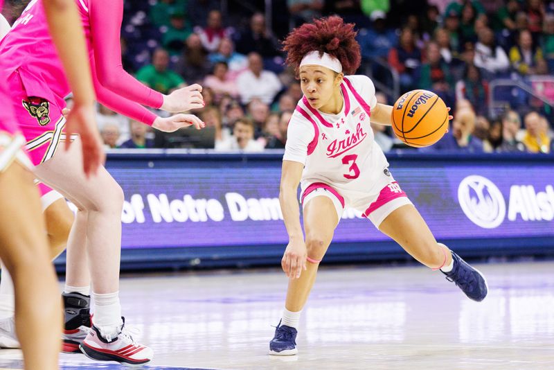 Notre Dame guard Hannah Hidalgo (3) makes a move during a NCAA women's basketball game against NC State at Purcell Pavilion on Sunday, Feb. 15, 2026, in South Bend.