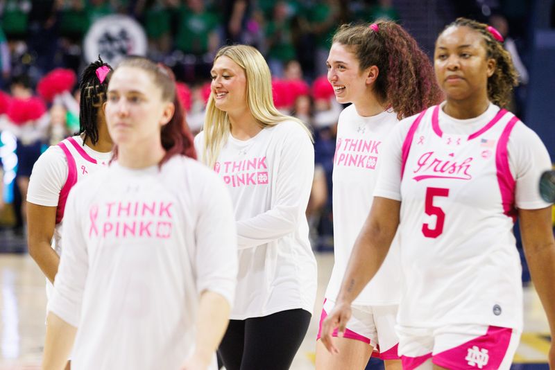 Notre Dame walks off the court after winning a NCAA women's basketball game 79-67 against NC State at Purcell Pavilion on Sunday, Feb. 15, 2026, in South Bend.