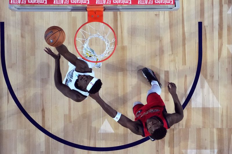 Feb 15, 2026; Inglewood, California, USA; Team World forward Pascal Siakam (43) of the Indiana Pacers shoots against Team USA Stars guard Anthony Edwards (5) of the Minnesota Timberwolves in game one during the 75th NBA All Star Game at Intuit Dome. Mandatory Credit: Kirby Lee-Imagn Images