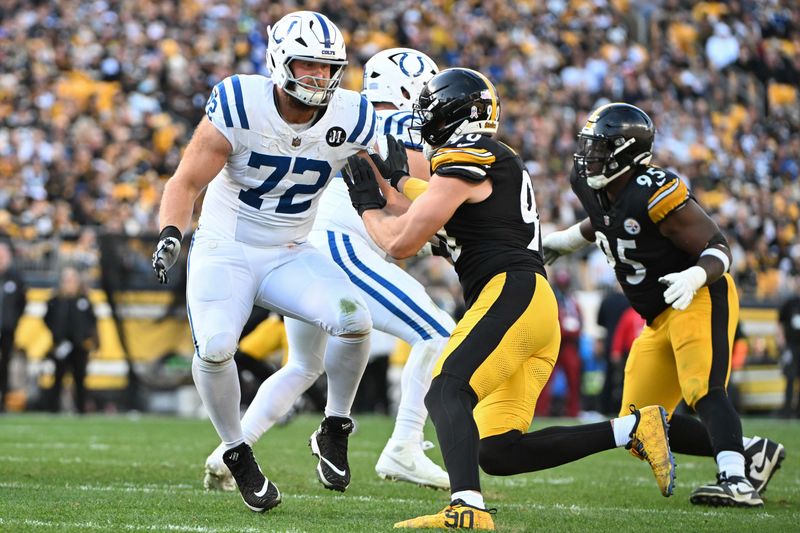 Nov 2, 2025; Pittsburgh, Pennsylvania, USA; Indianapolis Colts offensive tackle Braden Smith (72) looks to block Pittsburgh Steelers linebacker T.J. Watt (90) during the first half at Acrisure Stadium. Mandatory Credit: Barry Reeger-Imagn Images