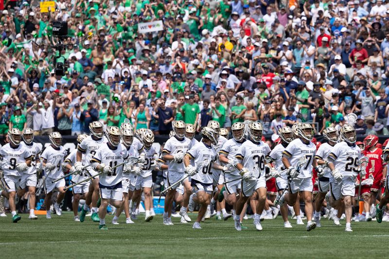 May 25, 2024; Philadelphia, PA, USA; Notre Dame players rush the field after a semifinal victory against Denver at Lincoln Financial. Mandatory Credit: Bill Streicher-USA TODAY Sports