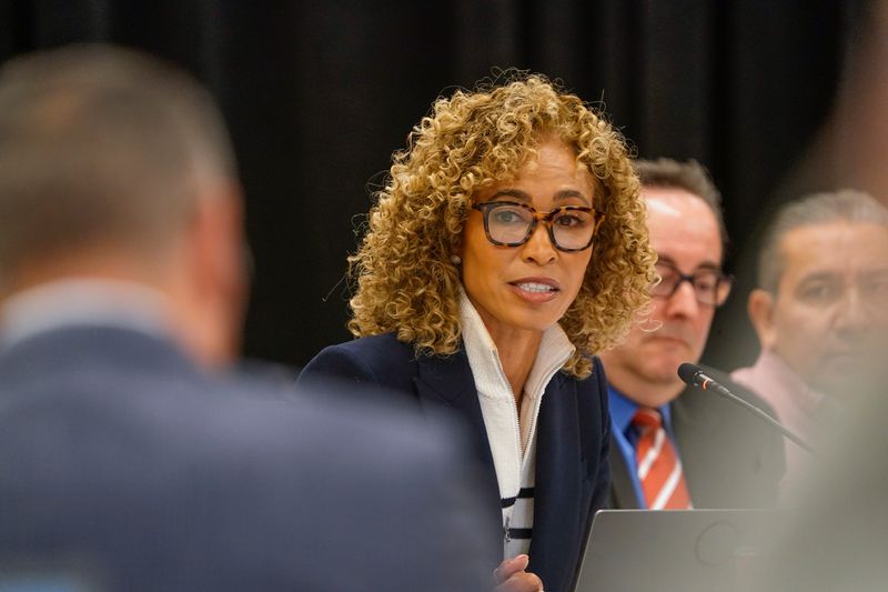 An IU Board of Trustees meeting is held at the Madame Walker Legacy Center on Friday, Feb. 20, 2026, in Indianapolis. Shown here: Sage Steele, Trustee an Chair for Nominating Committee, speaks after the board unanimously votes to adopt the "Chicago Principles.”