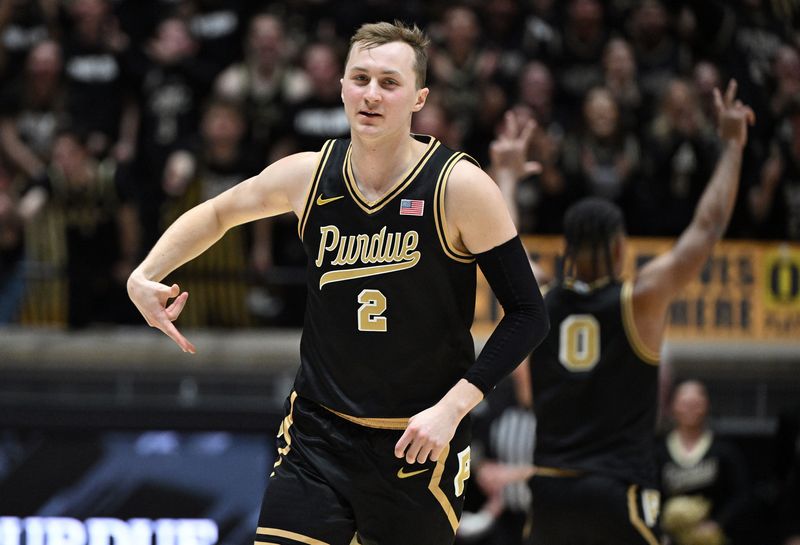 Feb 20, 2026; West Lafayette, Indiana, USA; Purdue Boilermakers guard Fletcher Loyer (2) celebrates a three point basket during the first half against the Indiana Hoosiers at Mackey Arena. Mandatory Credit: Marc Lebryk-Imagn Images