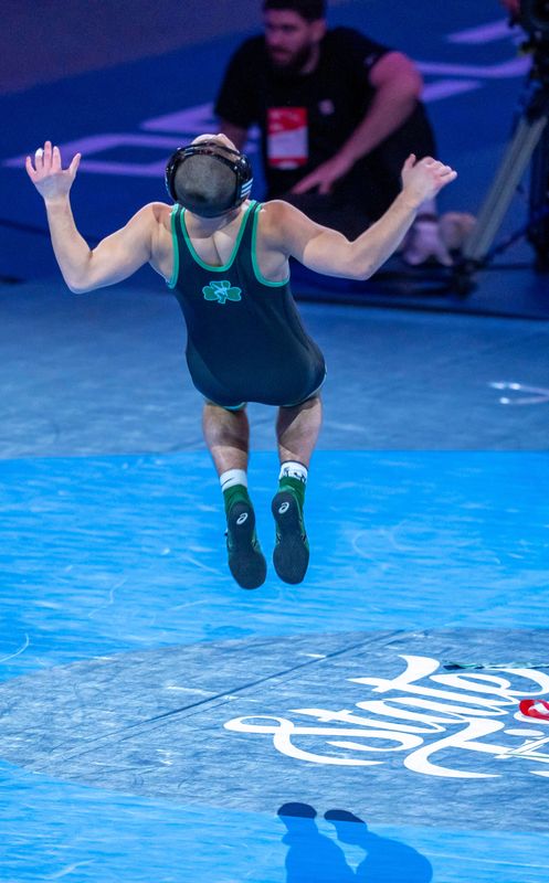 Westfield’s Connor Maddox celebrates after winning in the 106-lb championship Saturday, Feb. 21, 2026, during the of the IHSAA boys state wrestling finals tournament at Gainbridge Fieldhouse in Indianapolis.