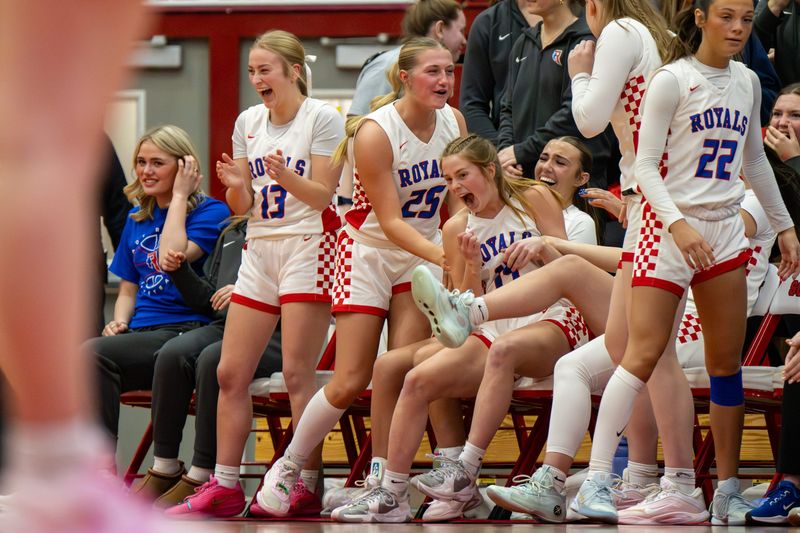Roncalli High School players react during the second half of an IHSAA Class 3A girls basketball semi-state championship game against Jennings County High School, Saturday, Feb. 21, 2026, at Southport Fieldhouse in Indianapolis. Roncalli High School won 50-47.