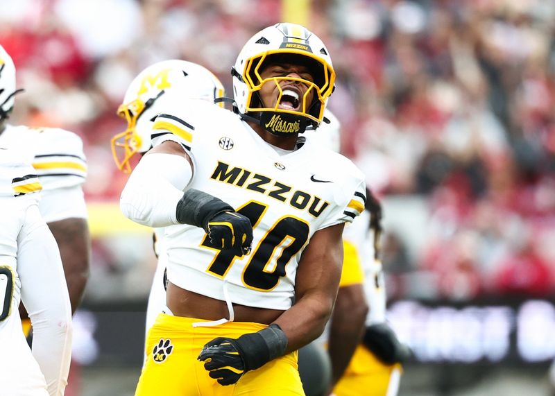 Nov 22, 2025; Norman, Oklahoma, USA; Missouri Tigers linebacker Josiah Trotter (40) reacts during the first quarter against the Oklahoma Sooners at Gaylord Family-Oklahoma Memorial Stadium. Mandatory Credit: Kevin Jairaj-Imagn Images